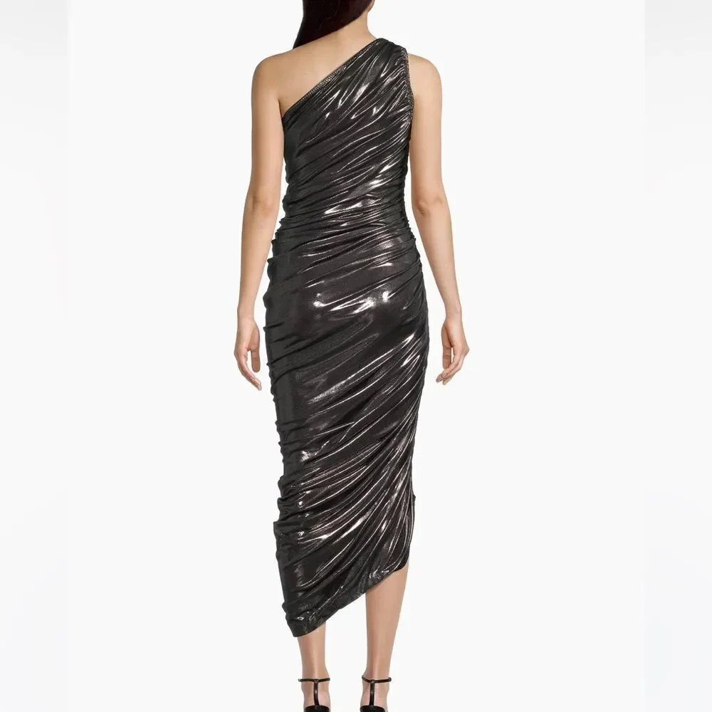 NWT Norma Kamali Diana Metallic Ruched One-Shoulder Gown Small